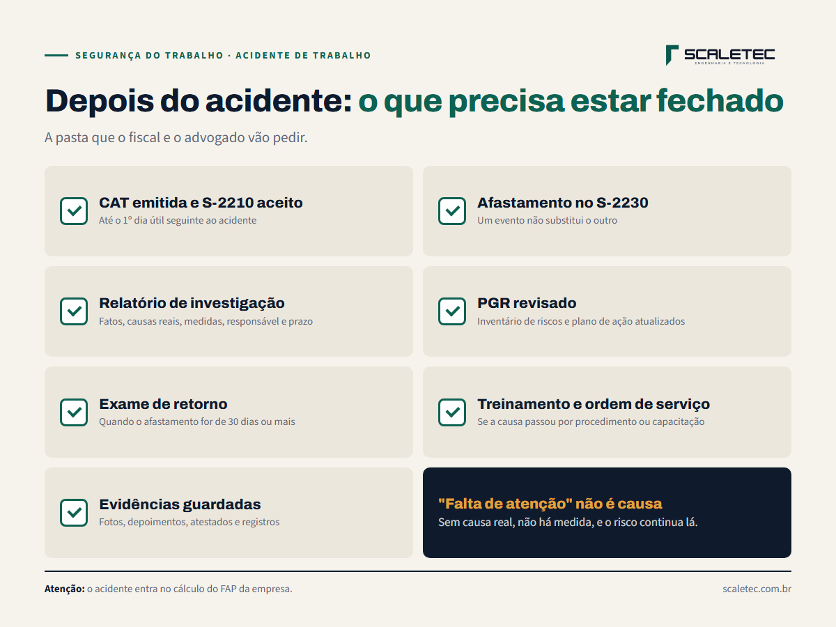 Checklist depois do acidente de trabalho: CAT emitida e S-2210 aceito no eSocial; afastamento informado no S-2230; relatório de investigação com causas e medidas; PGR revisado com o risco e as novas medidas; PCMSO com exame de retorno quando o afastamento for de 30 dias ou mais; treinamento e ordem de serviço atualizados; evidências guardadas.