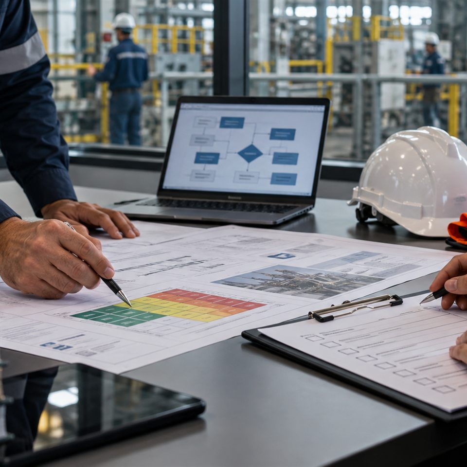 Matriz de riscos do PGR sobre a mesa com notebook, capacete e checklist