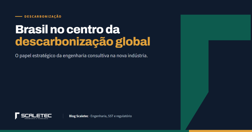 Capa: Brasil no centro da descarbonização global. Fundo azul-marinho com o símbolo verde da Scaletec.