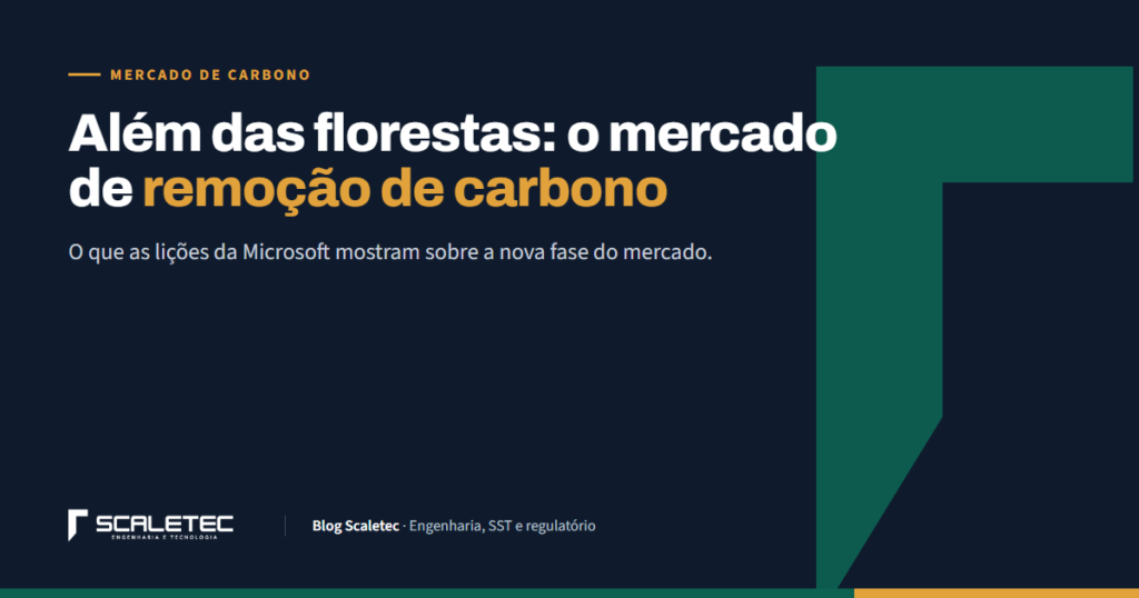 Capa: Além das florestas, o mercado de remoção de carbono. Fundo azul-marinho com o símbolo verde da Scaletec.