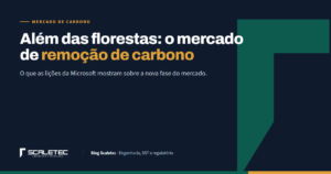 Capa: Além das florestas, o mercado de remoção de carbono. Fundo azul-marinho com o símbolo verde da Scaletec.