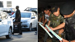 Duas fotos lado a lado: agente da Polícia Federal carregando malote e militares do Exército fiscalizando caixas de explosivo.