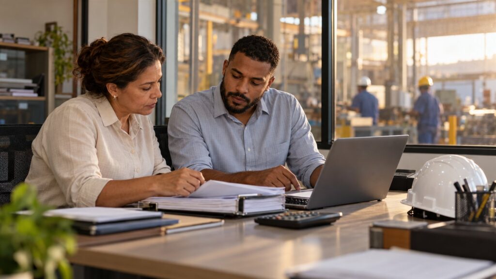 Dona de pequena indústria e engenheiro de segurança do trabalho analisam documentos e custos em um escritório com vista para a fábrica
