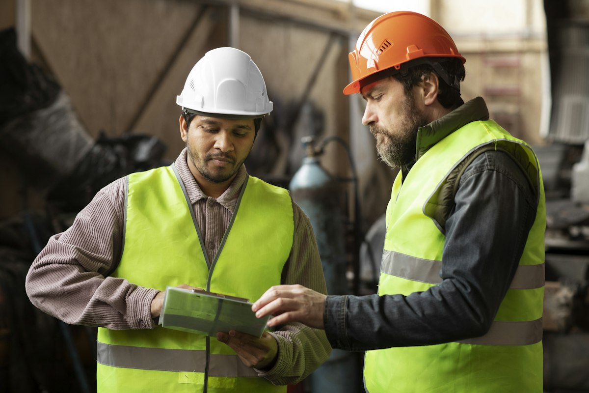 Engenheiros conversando durante uma visita técnica
