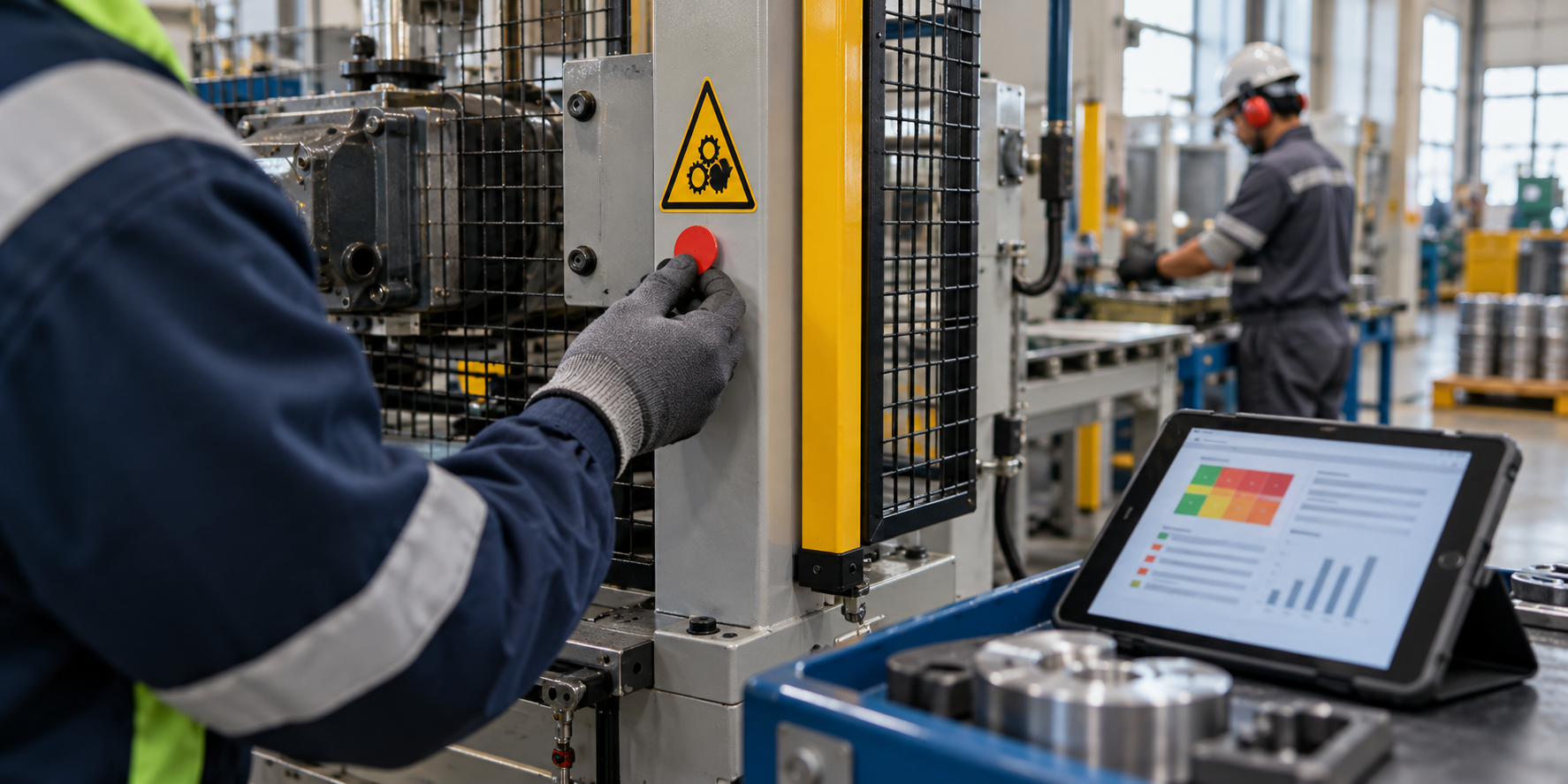 Avaliação de proteção de máquina e registro de riscos da atividade em um ambiente industrial