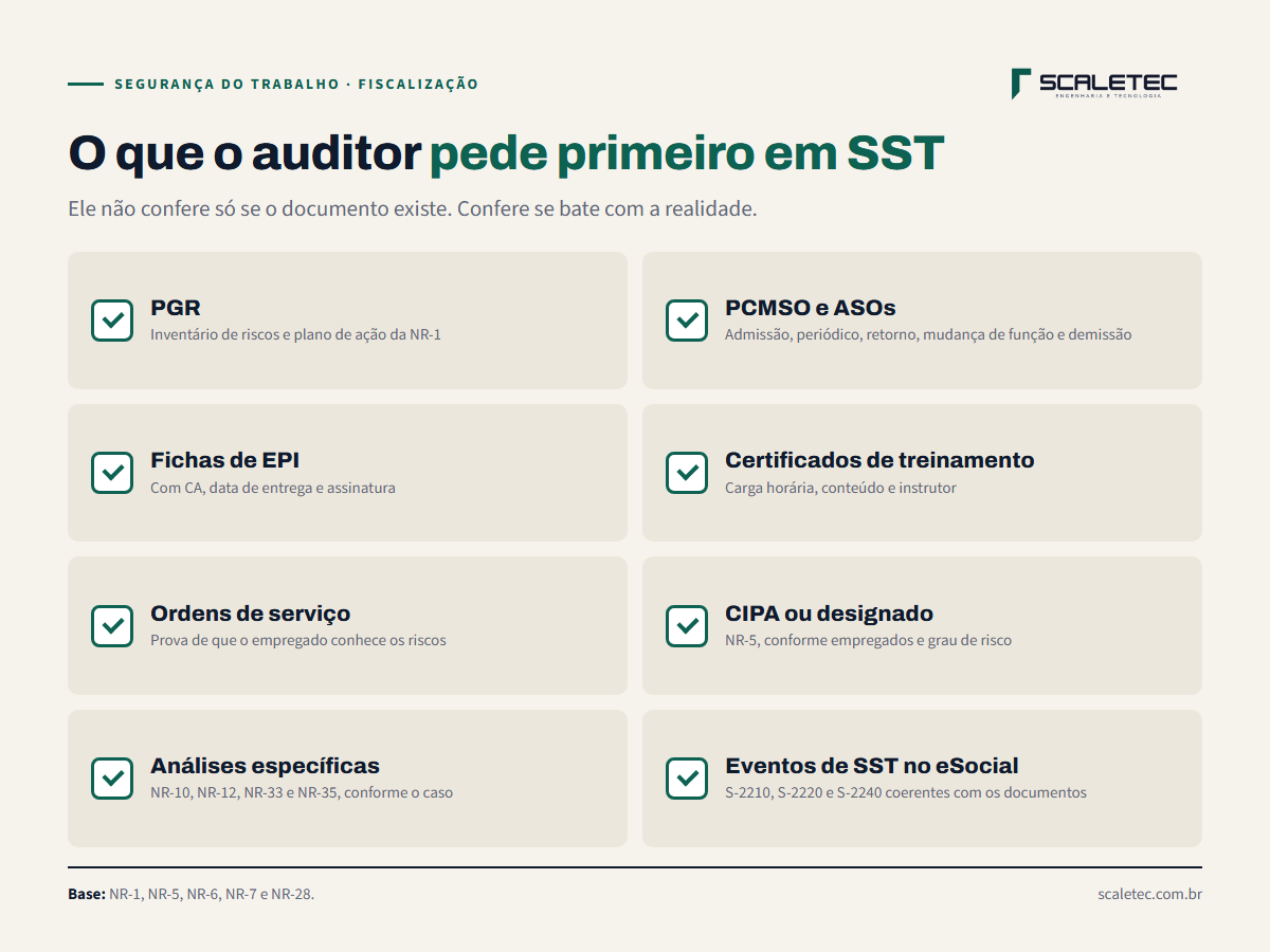 Documentos de SST que o auditor costuma pedir primeiro: PGR com inventário de riscos e plano de ação, PCMSO e ASOs, fichas de EPI com CA, certificados de treinamento, ordens de serviço, CIPA ou designado, análises específicas como NR-10, NR-12 e NR-35, e eventos de SST no eSocial.