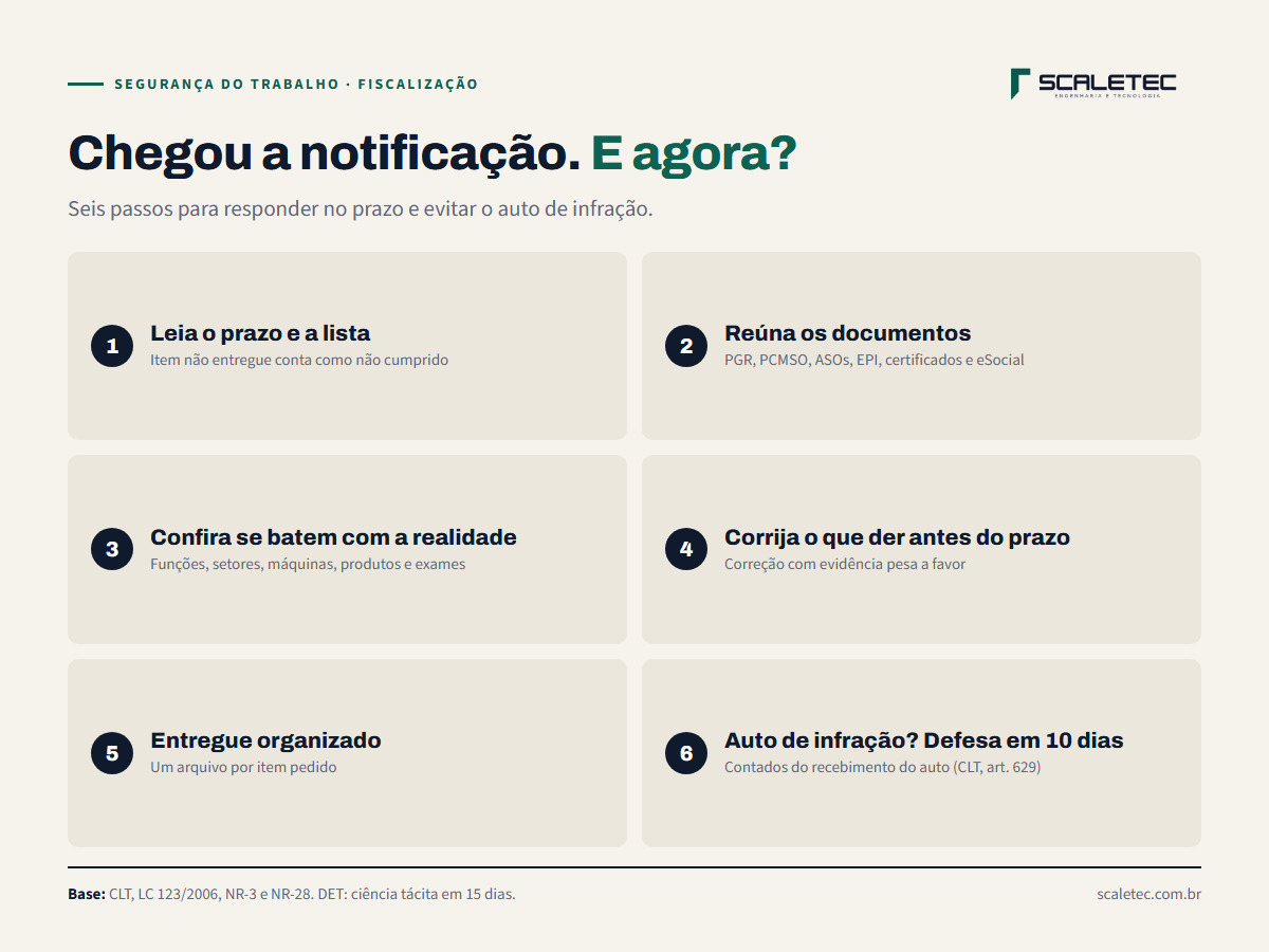 O que fazer quando chega a notificação da fiscalização do trabalho: ler o prazo e a lista, reunir os documentos, conferir se batem com a realidade, corrigir o que der antes do prazo, entregar organizado e, se houver auto de infração, apresentar defesa em 10 dias.