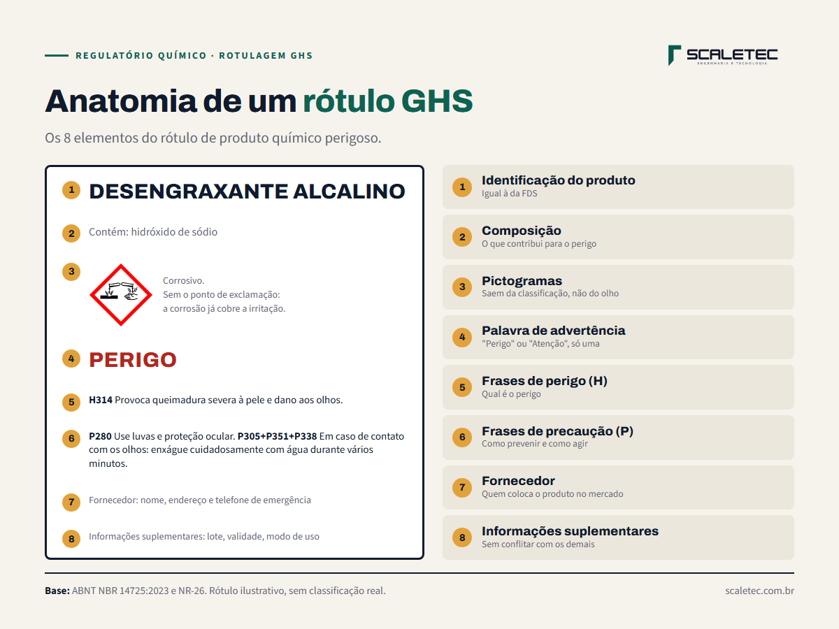 Anatomia de um rótulo GHS: identificação do produto, identidade química dos componentes que contribuem para o perigo, pictogramas de perigo, palavra de advertência Perigo ou Atenção, frases de perigo H, frases de precaução P, identificação do fornecedor com endereço e telefone e informações suplementares.