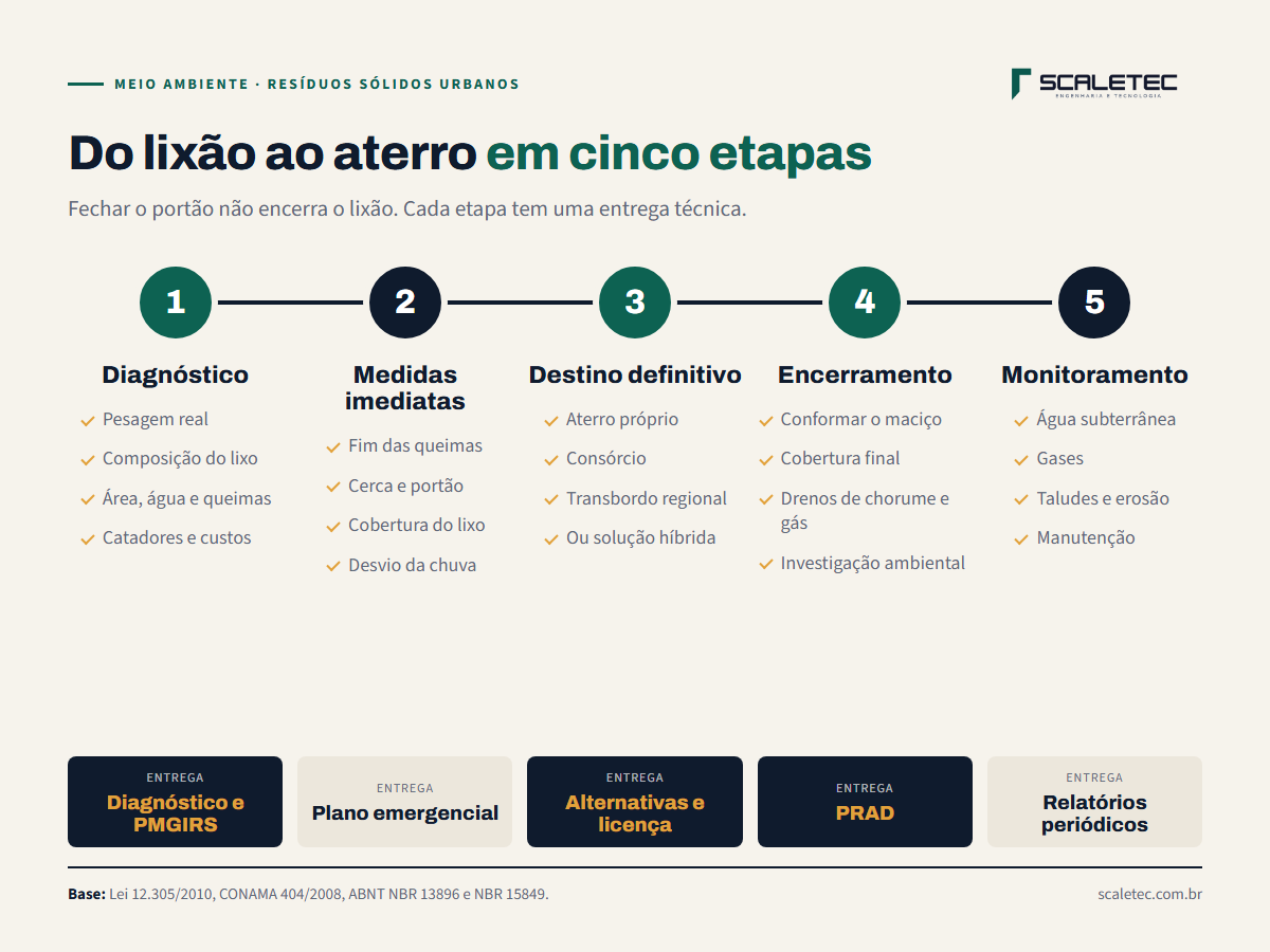 Os cinco passos para sair do lixão: diagnóstico, medidas imediatas, definição do destino, encerramento com PRAD e monitoramento.