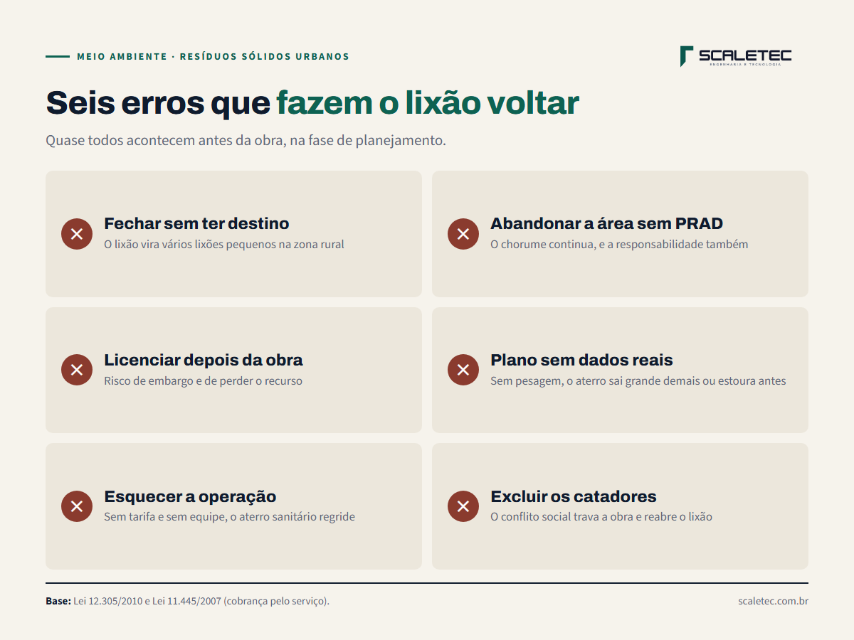 Seis erros comuns na transição do lixão para o aterro: fechar sem destino, abandonar a área sem PRAD, licenciar depois da obra, plano sem dados reais, esquecer a operação e excluir os catadores.