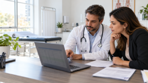 Médico do trabalho e representante da empresa revisam o orçamento e as informações do PCMSO em um computador.