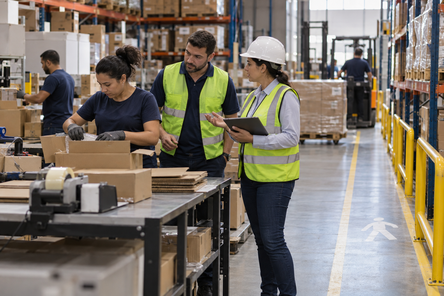 Profissional de SST observa uma atividade de separação de pedidos em um armazém junto à equipe e à supervisão.