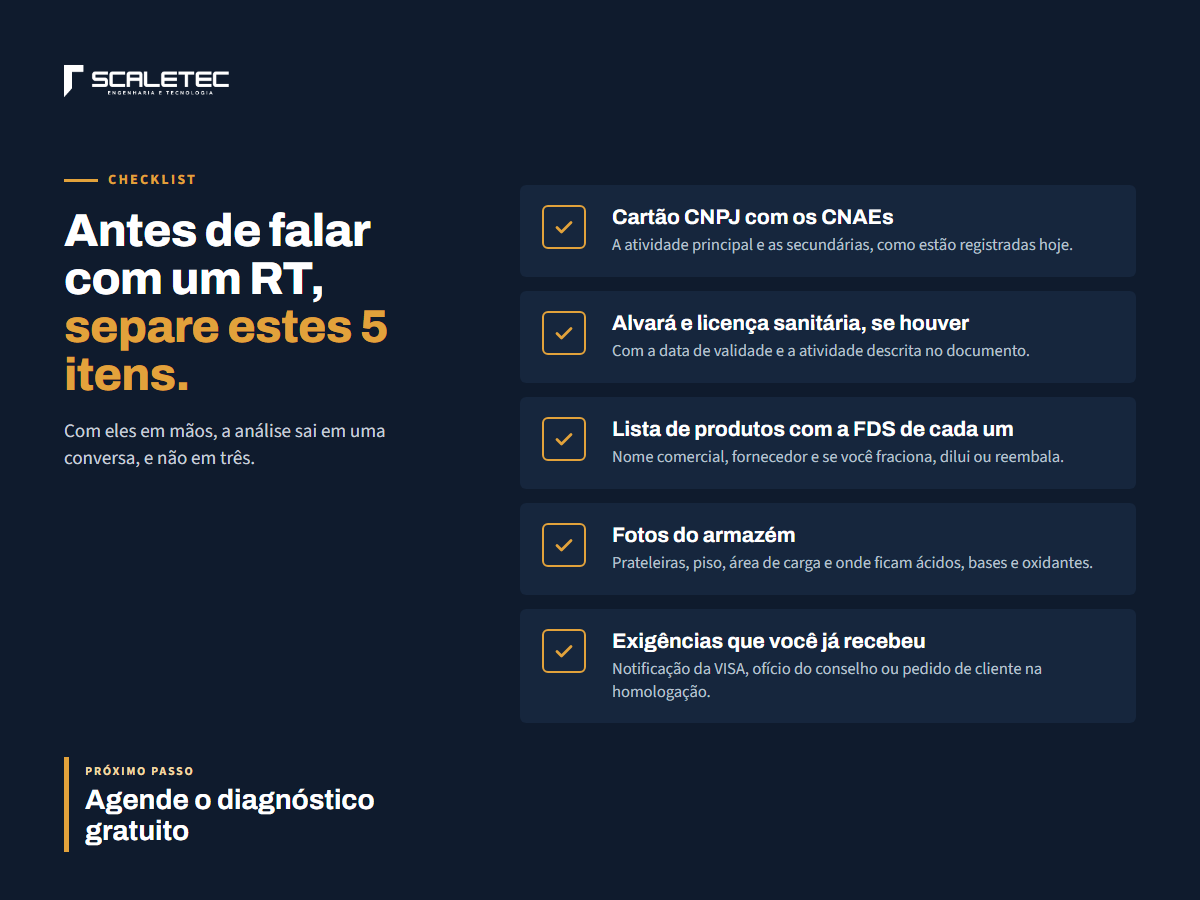 Checklist: antes de falar com um RT, separe estes 5 itens. Cartão CNPJ com os CNAEs; alvará e licença sanitária, se houver; lista de produtos com a FDS de cada um; fotos do armazém; exigências que você já recebeu da VISA, do conselho ou de clientes.